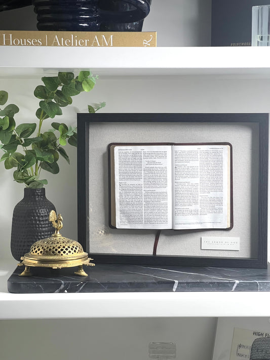 Framed and Mounted Bible Open to Favorite Verse with Placard